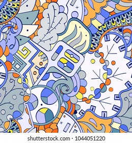 Tracery seamless pattern. Mehndi design. Ethnic colorful doodle texture. Curved doodling background. Vector