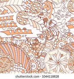 Tracery seamless pattern. Mehndi design. Ethnic colorful doodle texture. Curved doodling background. Vector