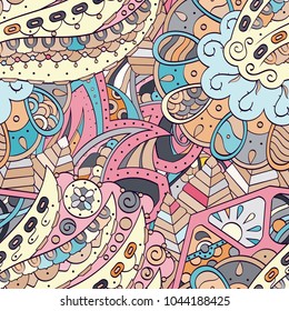 Tracery seamless pattern. Mehndi design. Ethnic colorful doodle texture. Curved doodling background. Vector