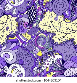 Tracery seamless pattern. Mehndi design. Ethnic colorful doodle texture. Curved doodling background. Vector