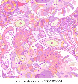 Tracery seamless pattern. Mehndi design. Ethnic colorful doodle texture. Curved doodling background. Vector