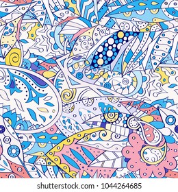 Tracery seamless pattern. Mehndi design. Ethnic colorful doodle texture. Curved doodling background. Vector