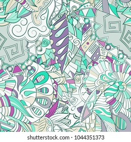 Tracery seamless pattern. Mehndi design. Ethnic colorful doodle texture. Curved doodling background. Vector