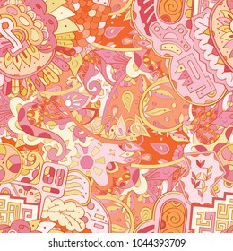 Tracery seamless pattern. Mehndi design. Ethnic colorful doodle texture. Curved doodling background. Vector