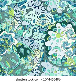 Tracery seamless pattern. Mehndi design. Ethnic colorful doodle texture. Curved doodling background. Vector