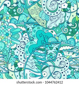 Tracery seamless pattern. Mehndi design. Ethnic colorful doodle texture. Curved doodling background. Vector