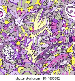 Tracery seamless pattern. Mehndi design. Ethnic colorful doodle texture. Curved doodling background. Vector