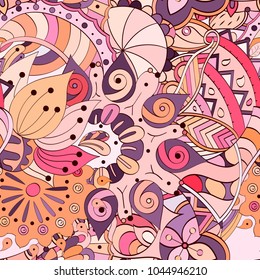 Tracery seamless pattern. Mehndi design. Ethnic colorful doodle texture. Curved doodling background. Vector