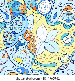 Tracery seamless pattern. Mehndi design. Ethnic colorful doodle texture. Curved doodling background. Vector