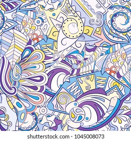 Tracery seamless pattern. Mehndi design. Ethnic colorful doodle texture. Curved doodling background. Vector