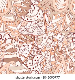 Tracery seamless pattern. Mehndi design. Ethnic colorful doodle texture. Curved doodling background. Vector