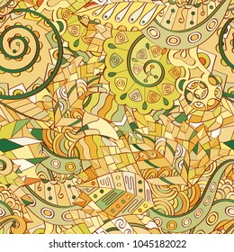 Tracery seamless pattern. Mehndi design. Ethnic colorful doodle texture. Curved doodling background. Vector