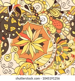 Tracery seamless pattern. Mehndi design. Ethnic colorful doodle texture. Curved doodling background. Vector