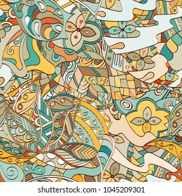 Tracery seamless pattern. Mehndi design. Ethnic colorful doodle texture. Curved doodling background. Vector