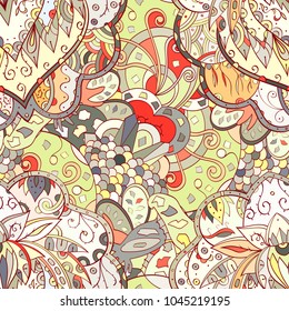 Tracery seamless pattern. Mehndi design. Ethnic colorful doodle texture. Curved doodling background. Vector