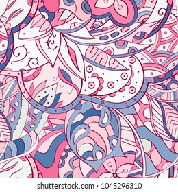 Tracery seamless pattern. Mehndi design. Ethnic colorful doodle texture. Curved doodling background. Vector
