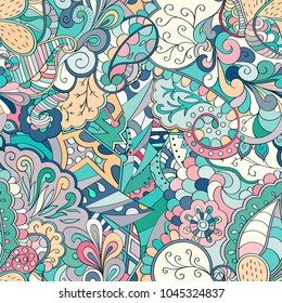 Tracery seamless pattern. Mehndi design. Ethnic colorful doodle texture. Curved doodling background. Vector
