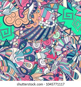 Tracery seamless pattern. Mehndi design. Ethnic colorful doodle texture. Curved doodling background. Vector