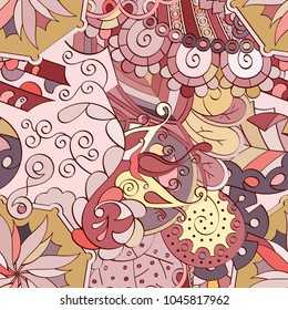 Tracery seamless pattern. Mehndi design. Ethnic colorful doodle texture. Curved doodling background. Vector