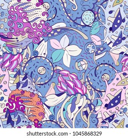 Tracery seamless pattern. Mehndi design. Ethnic colorful doodle texture. Curved doodling background. Vector