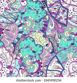 Tracery seamless pattern. Mehndi design. Ethnic colorful doodle texture. Curved doodling background. Vector