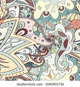 Tracery seamless pattern. Mehndi design. Ethnic colorful doodle texture. Curved doodling background. Vector