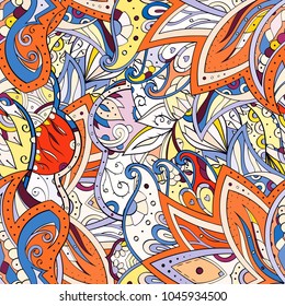 Tracery seamless pattern. Mehndi design. Ethnic colorful doodle texture. Curved doodling background. Vector