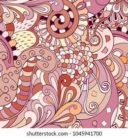 Tracery seamless pattern. Mehndi design. Ethnic colorful doodle texture. Curved doodling background. Vector