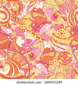 Tracery seamless pattern. Mehndi design. Ethnic colorful doodle texture. Curved doodling background. Vector