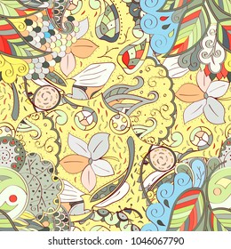Tracery seamless pattern. Mehndi design. Ethnic colorful doodle texture. Curved doodling background. Vector