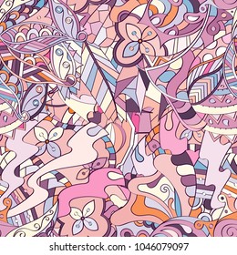 Tracery seamless pattern. Mehndi design. Ethnic colorful doodle texture. Curved doodling background. Vector