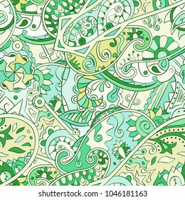 Tracery seamless pattern. Mehndi design. Ethnic colorful doodle texture. Curved doodling background. Vector
