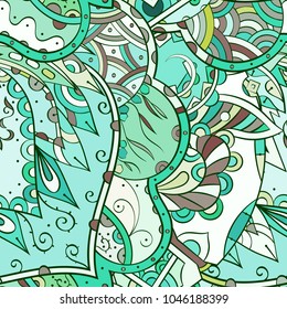 Tracery seamless pattern. Mehndi design. Ethnic colorful doodle texture. Curved doodling background. Vector