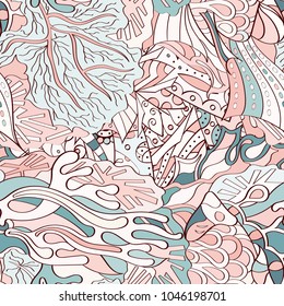 Tracery seamless pattern. Mehndi design. Ethnic colorful doodle texture. Curved doodling background. Vector
