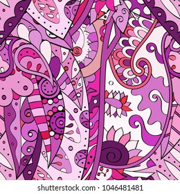 Tracery seamless pattern. Mehndi design. Ethnic colorful doodle texture. Curved doodling background. Vector