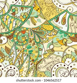 Tracery seamless pattern. Mehndi design. Ethnic colorful doodle texture. Curved doodling background. Vector