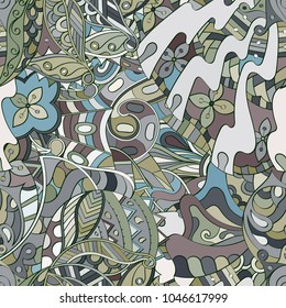 Tracery seamless pattern. Mehndi design. Ethnic colorful doodle texture. Curved doodling background. Vector