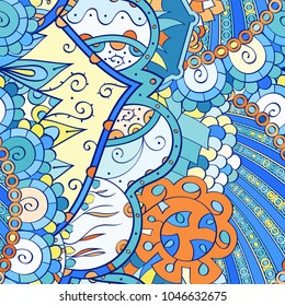 Tracery seamless pattern. Mehndi design. Ethnic colorful doodle texture. Curved doodling background. Vector