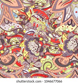 Tracery seamless pattern. Mehndi design. Ethnic colorful doodle texture. Curved doodling background. Vector