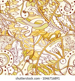 Tracery seamless pattern. Mehndi design. Ethnic colorful doodle texture. Curved doodling background. Vector