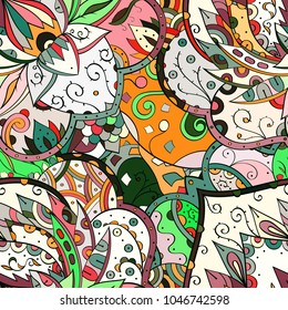 Tracery seamless pattern. Mehndi design. Ethnic colorful doodle texture. Curved doodling background. Vector