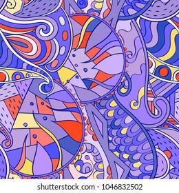 Tracery seamless pattern. Mehndi design. Ethnic colorful doodle texture. Curved doodling background. Vector