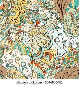 Tracery seamless pattern. Mehndi design. Ethnic colorful doodle texture. Curved doodling background. Vector