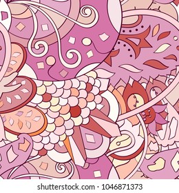 Tracery seamless pattern. Mehndi design. Ethnic colorful doodle texture. Curved doodling background. Vector