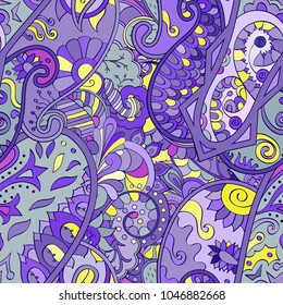 Tracery seamless pattern. Mehndi design. Ethnic colorful doodle texture. Curved doodling background. Vector