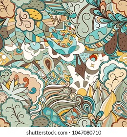 Tracery seamless pattern. Mehndi design. Ethnic colorful doodle texture. Curved doodling background. Vector