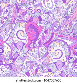 Tracery seamless pattern. Mehndi design. Ethnic colorful doodle texture. Curved doodling background. Vector