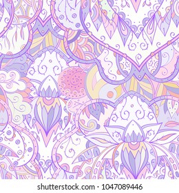 Tracery seamless pattern. Mehndi design. Ethnic colorful doodle texture. Curved doodling background. Vector