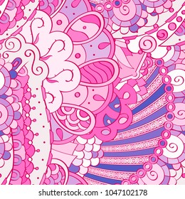 Tracery seamless pattern. Mehndi design. Ethnic colorful doodle texture. Curved doodling background. Vector