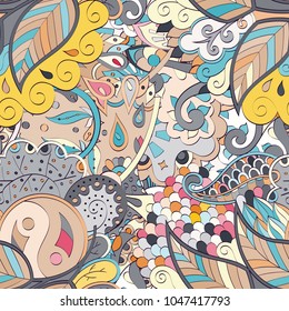 Tracery seamless pattern. Mehndi design. Ethnic colorful doodle texture. Curved doodling background. Vector